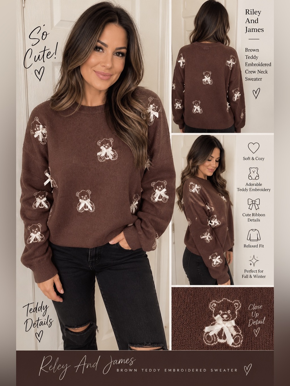 Brown Teddy Embroidered Crew Neck Sweater